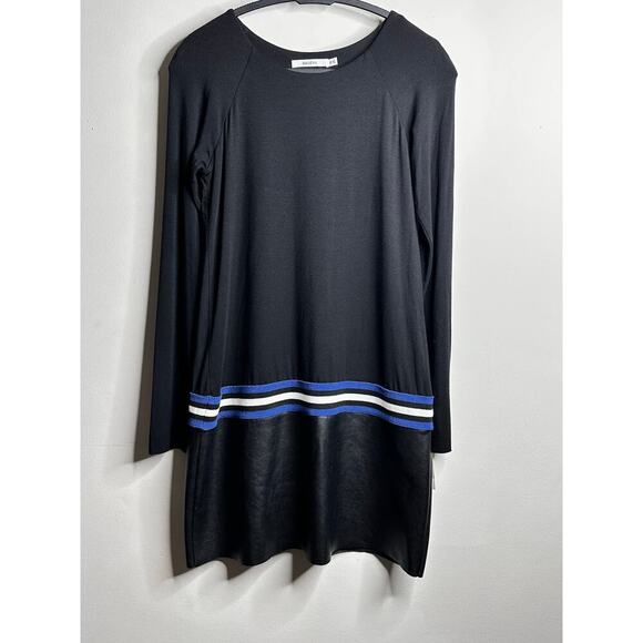 BAILEY 44 Black Jersey Knit Dress Contrast Faux Leather Blue Strip - Picture 1 of 3